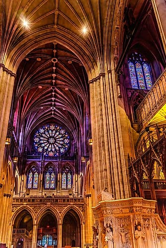 Pulpit, rose stained glass, Washington National Cathedral, Washington DC. Art Print